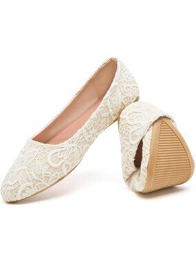Women's Beige Flats Flower Embroidered Lace Ballet Flats Comfortable Dress Shoes